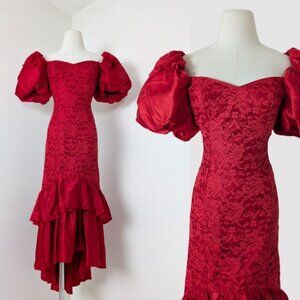 80s Lace Cherry Red Dress Prom Drop Waist Puff Sleeve Ruffles Sweetheart Neck